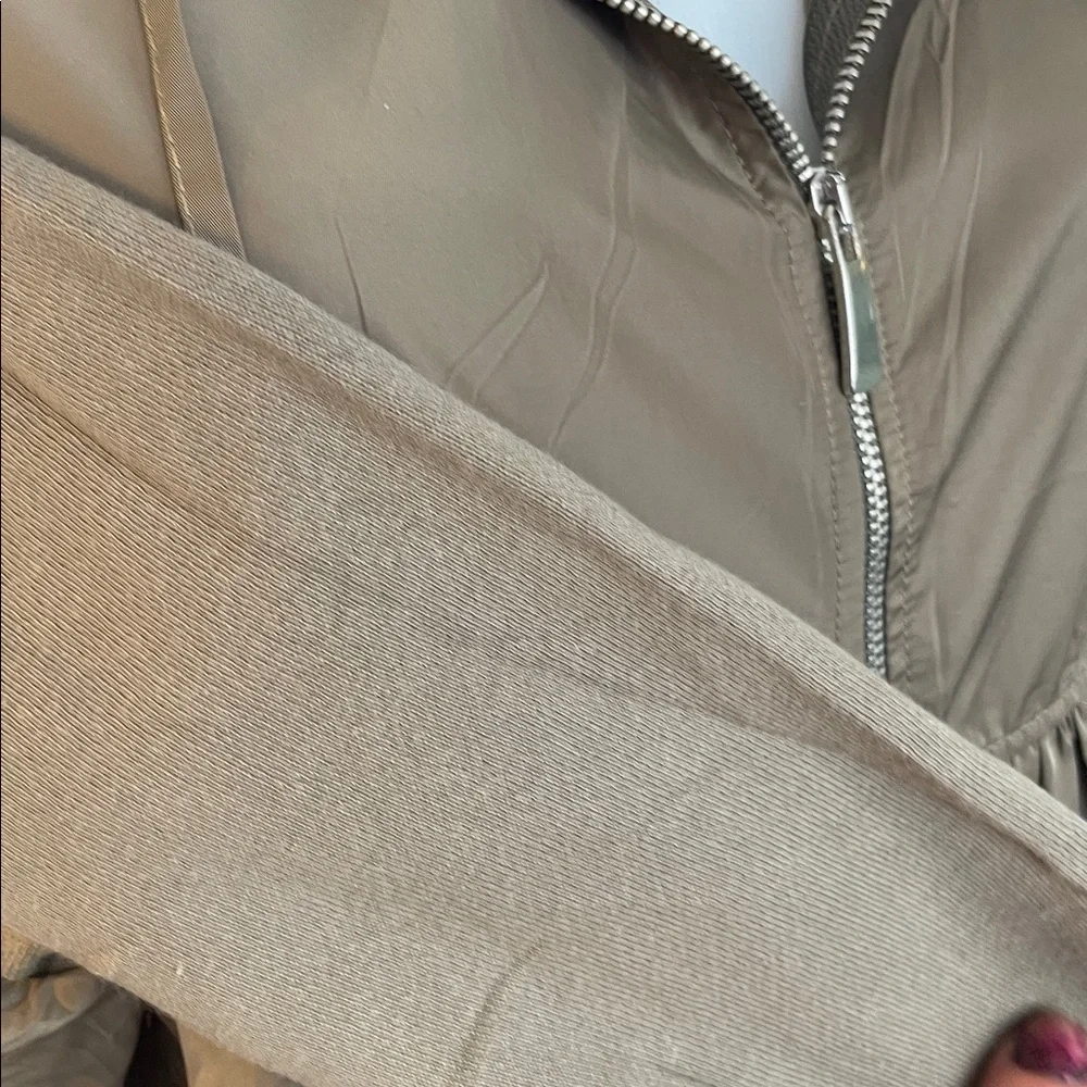 ZARA MIXED MEDIA FRONT ZIPPED OVERSIZED KHAKI HOODED JACKET WITH RUFFLES SZ M